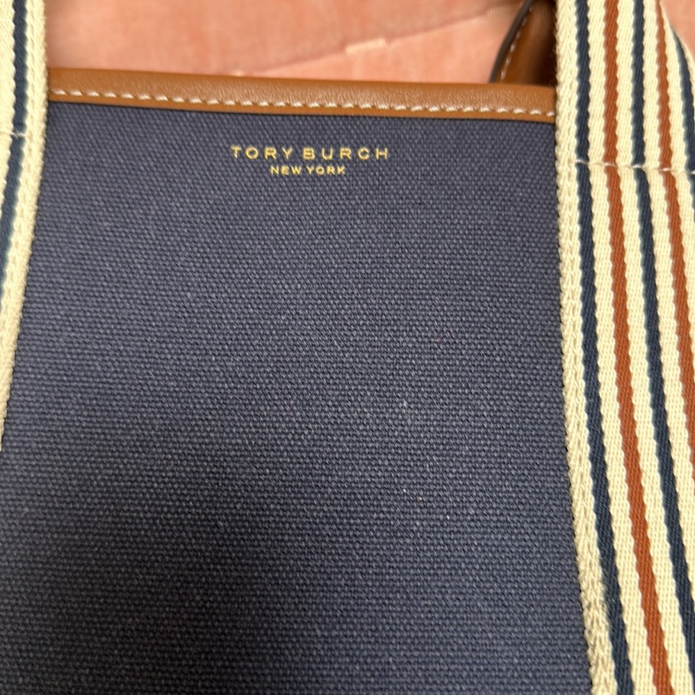 Tory Burch Navy Canvas and Tan Leather Tote with Multicolor Logo Strap - Picture 5 of 8